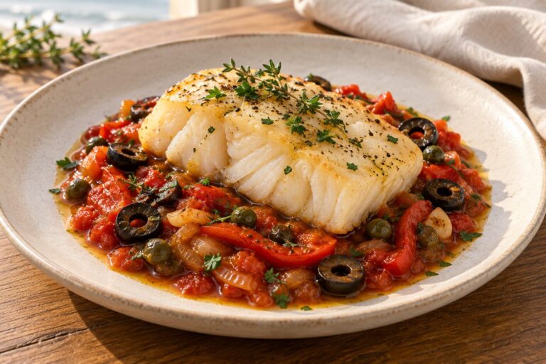 Bacalao confitado con tomate mediterráneo