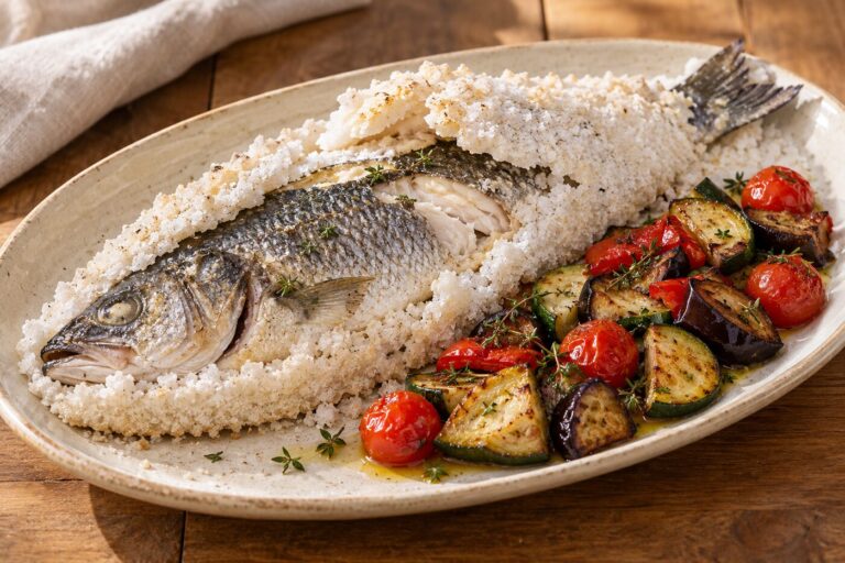 Lubina a la sal con verduras mediterránea