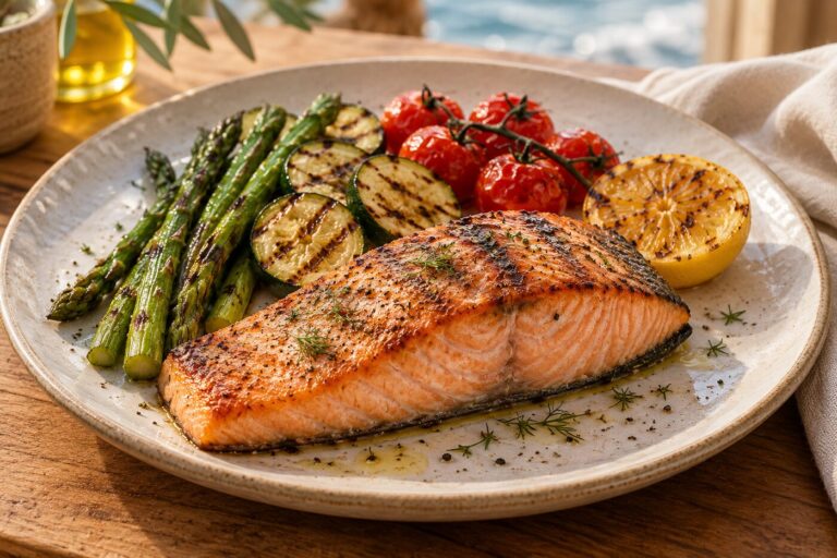 Salmón a la parrilla con verduras